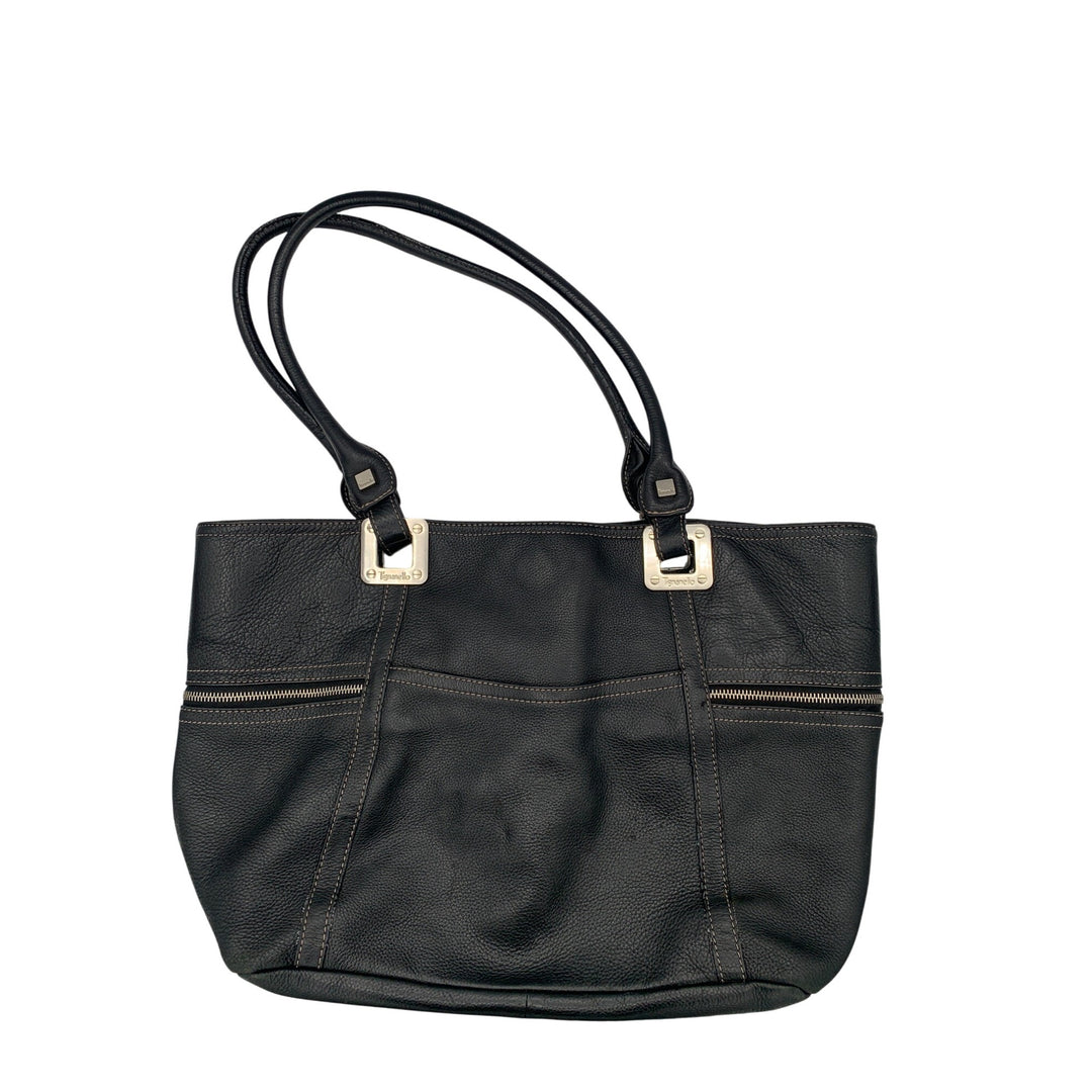 Tignanello Black Leather Tote Bag With Silver Hardware & Zip Pockets