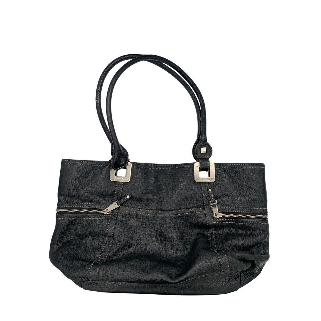 Tignanello Black Leather Tote Bag With Silver Hardware & Zip Pockets