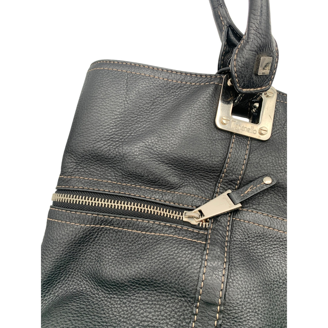 Tignanello Black Leather Tote Bag With Silver Hardware & Zip Pockets