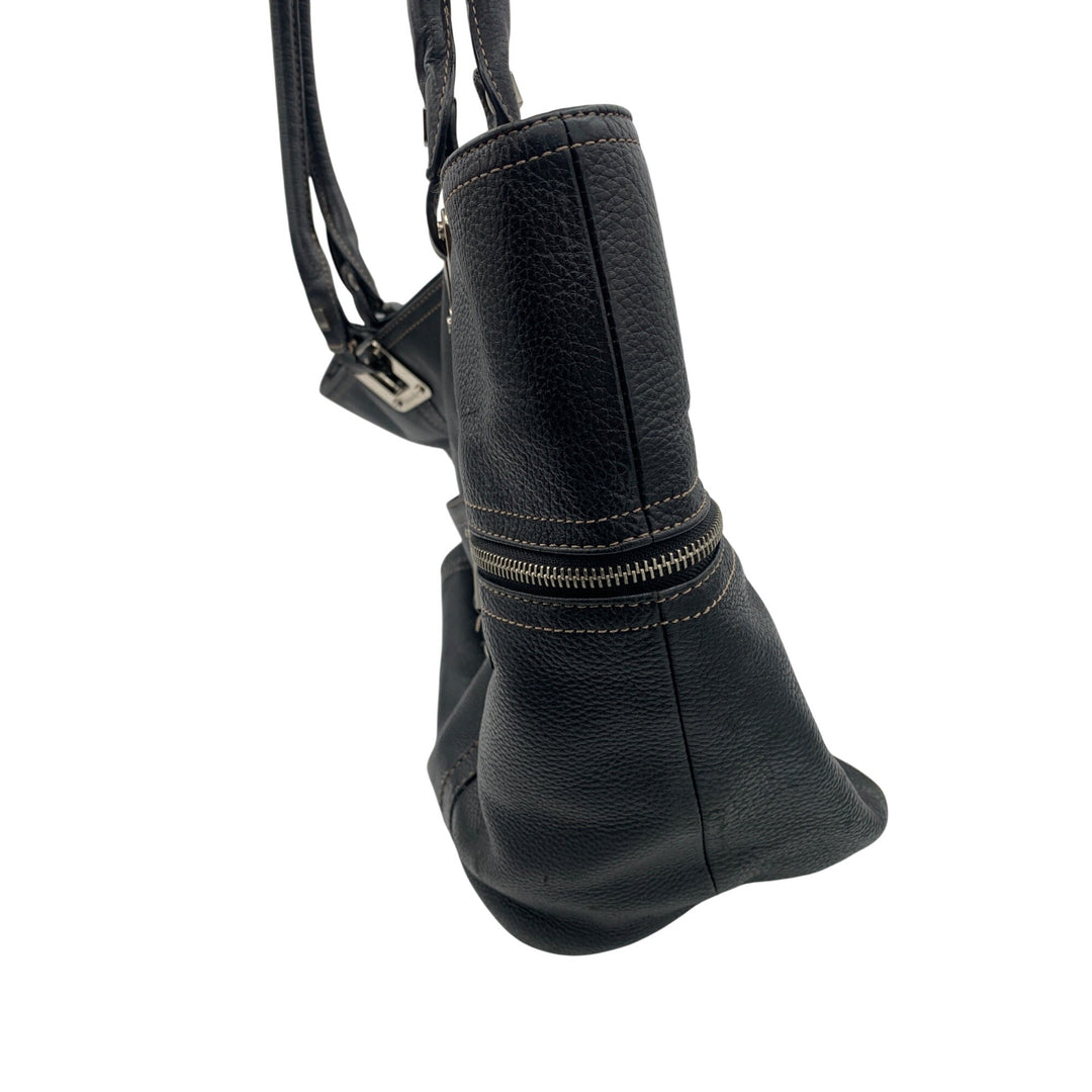Tignanello Black Leather Tote Bag With Silver Hardware & Zip Pockets