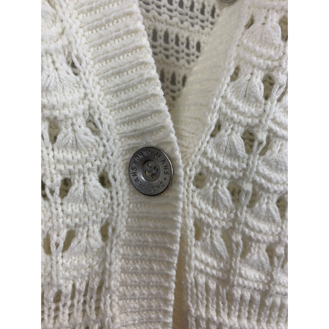DKNY Jeans Womens Open Knit Cardigan Sweater S White Cotton Acrylic