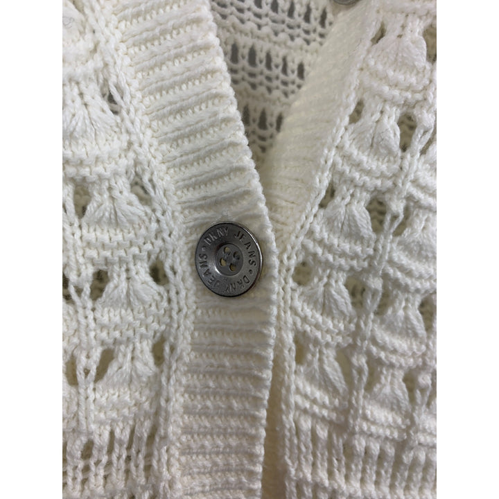 DKNY Jeans Womens Open Knit Cardigan Sweater S White Cotton Acrylic