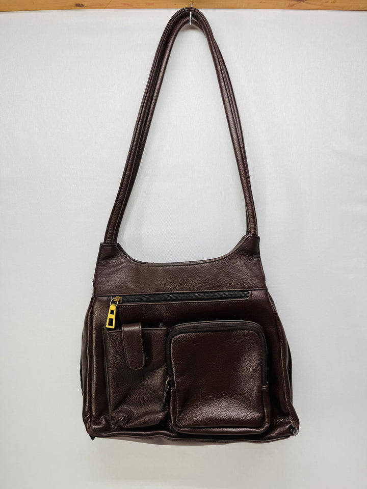 Cherokee Brown Leather Shoulder Bag Multi Pocket Organizer Purse Handbag