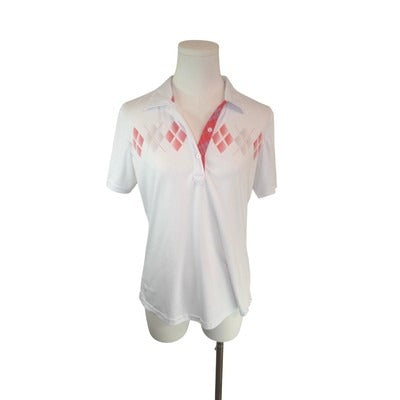 Alur Active Womens Polo Shirt Medium White & Red Argyle Pattern