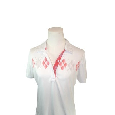 Alur Active Womens Polo Shirt Medium White & Red Argyle Pattern