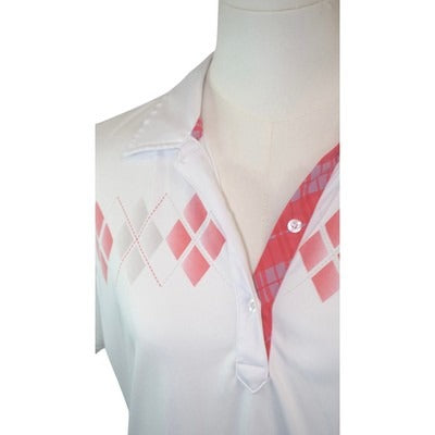 Alur Active Womens Polo Shirt Medium White & Red Argyle Pattern