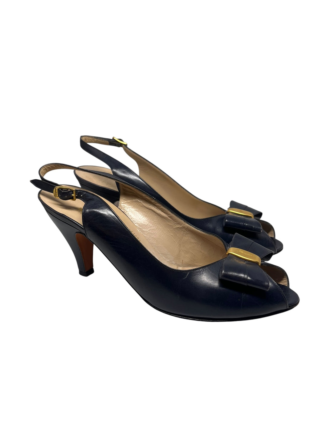 Salvatore Ferragamo Dark Blue Peep Toe Slingback Heels Size 7.5