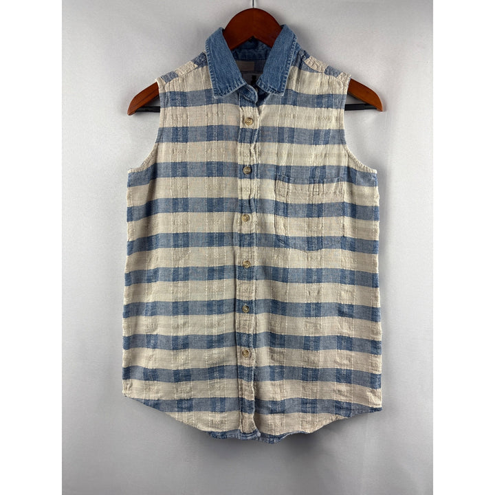 Purrfect By Krazi Kat Womens Medium Sleeveless Blue & White Plaid Button Down Top