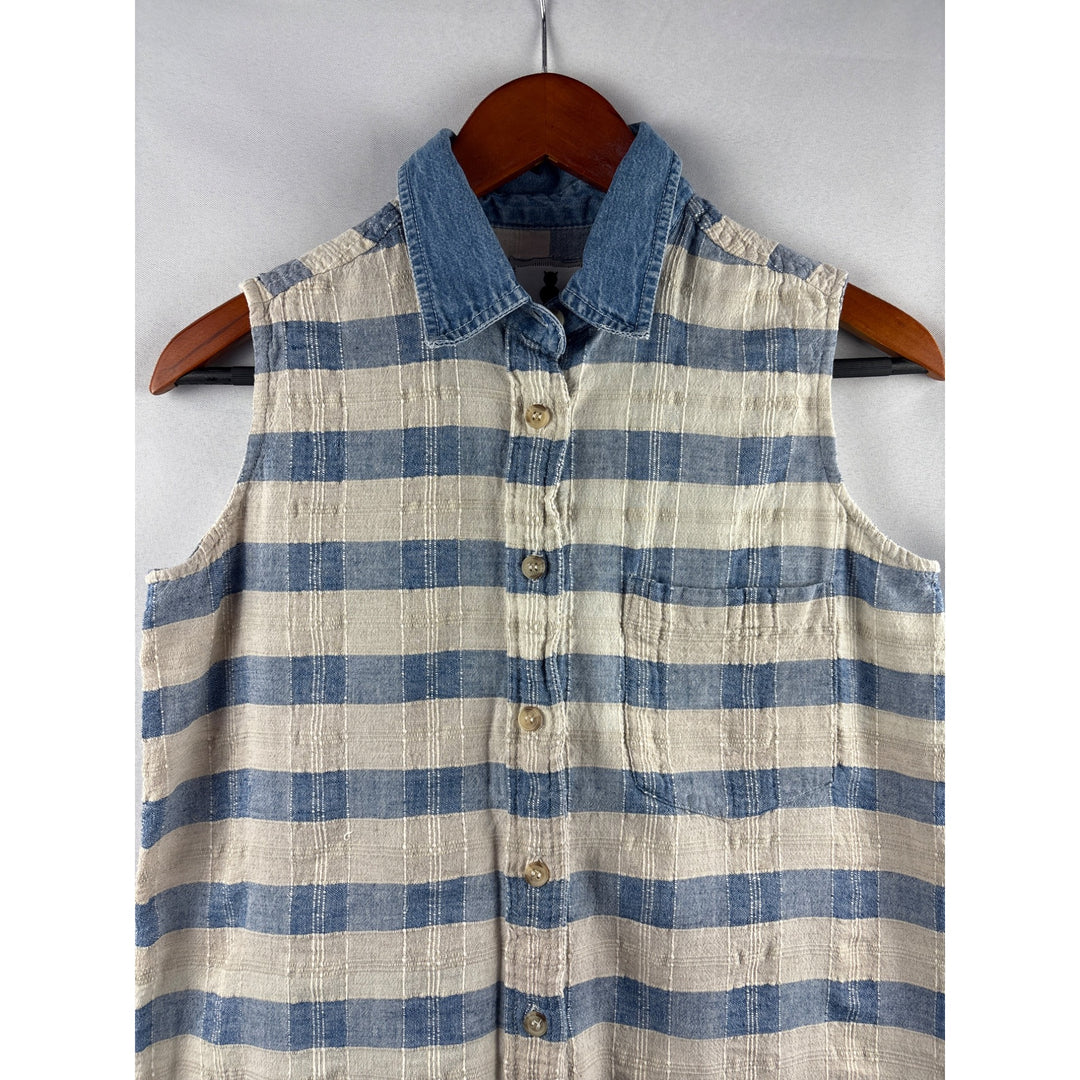 Purrfect By Krazi Kat Womens Medium Sleeveless Blue & White Plaid Button Down Top