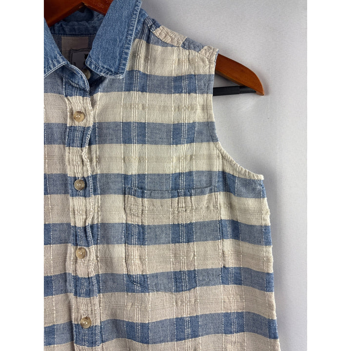 Purrfect By Krazi Kat Womens Medium Sleeveless Blue & White Plaid Button Down Top