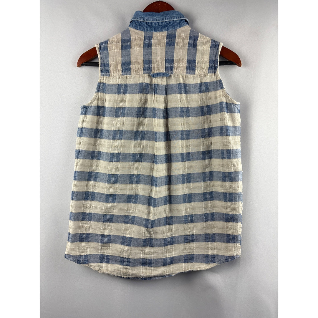 Purrfect By Krazi Kat Womens Medium Sleeveless Blue & White Plaid Button Down Top