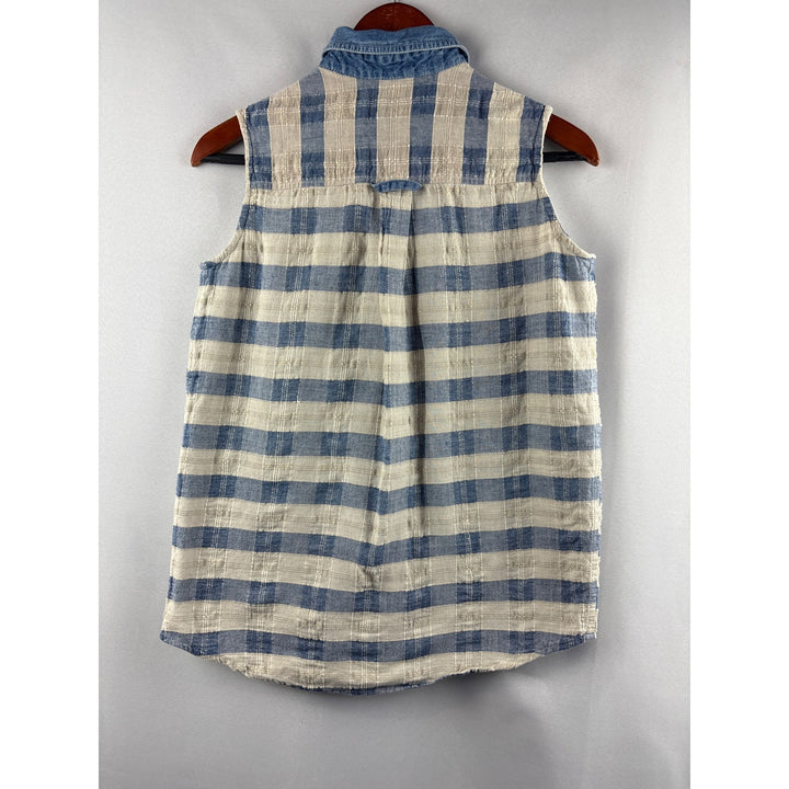 Purrfect By Krazi Kat Womens Medium Sleeveless Blue & White Plaid Button Down Top