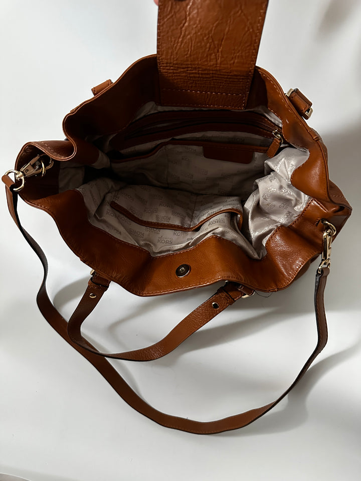 Michael Kors Brown Leather Belted Satchel Shoulder Bag Gold Hardware