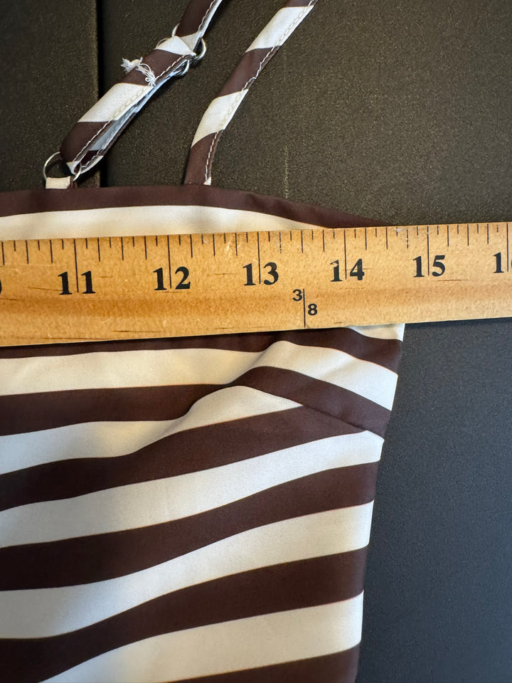 Women's Brown & White Striped Spaghetti Strap Satin Maxi Dress, Ruffled Hem, Size Small