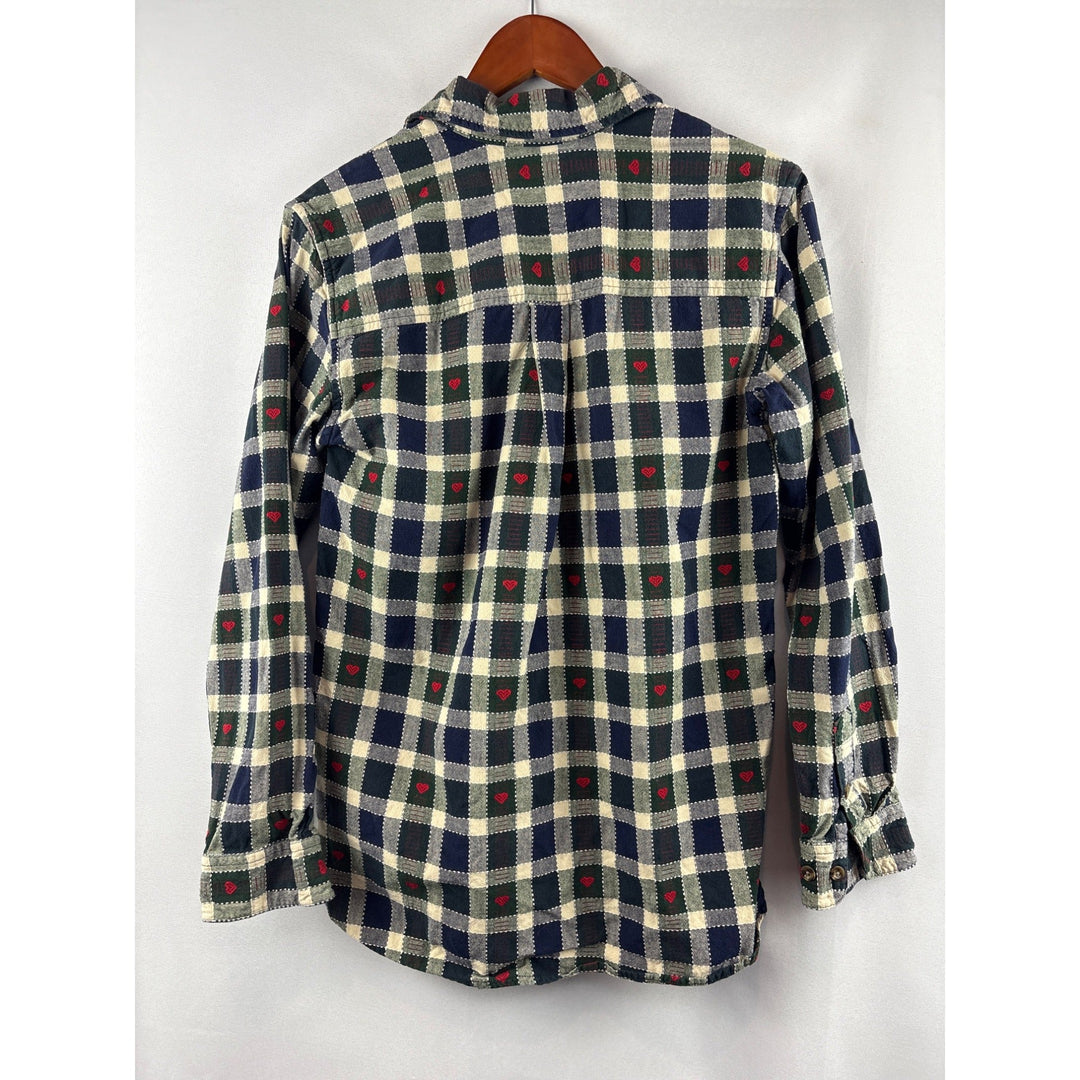 Cascade Blues Womens S Plaid Heart Button-Up Shirt 100% Cotton