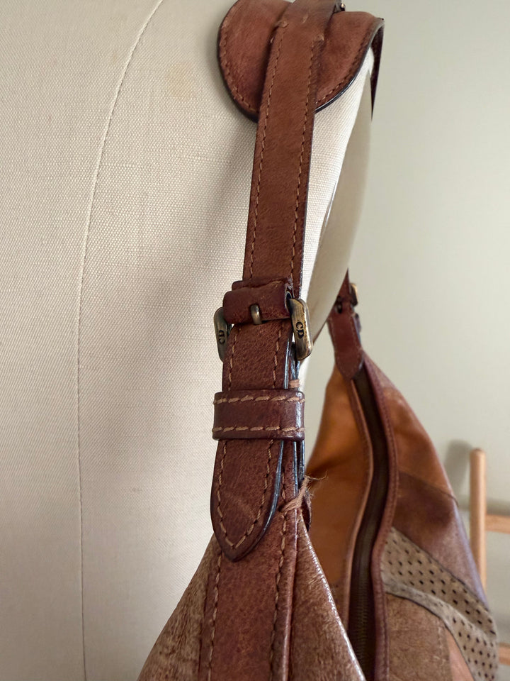 Vintage Christian Dior Brown Patchwork Leather Hobo Shoulder Bag Y2K