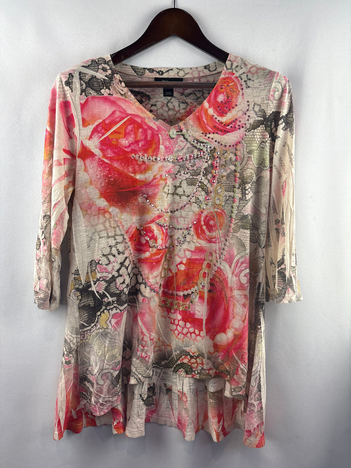 Women’s Style&amp;Co Large Beige &amp; Pink Floral Bedazzled Blouse