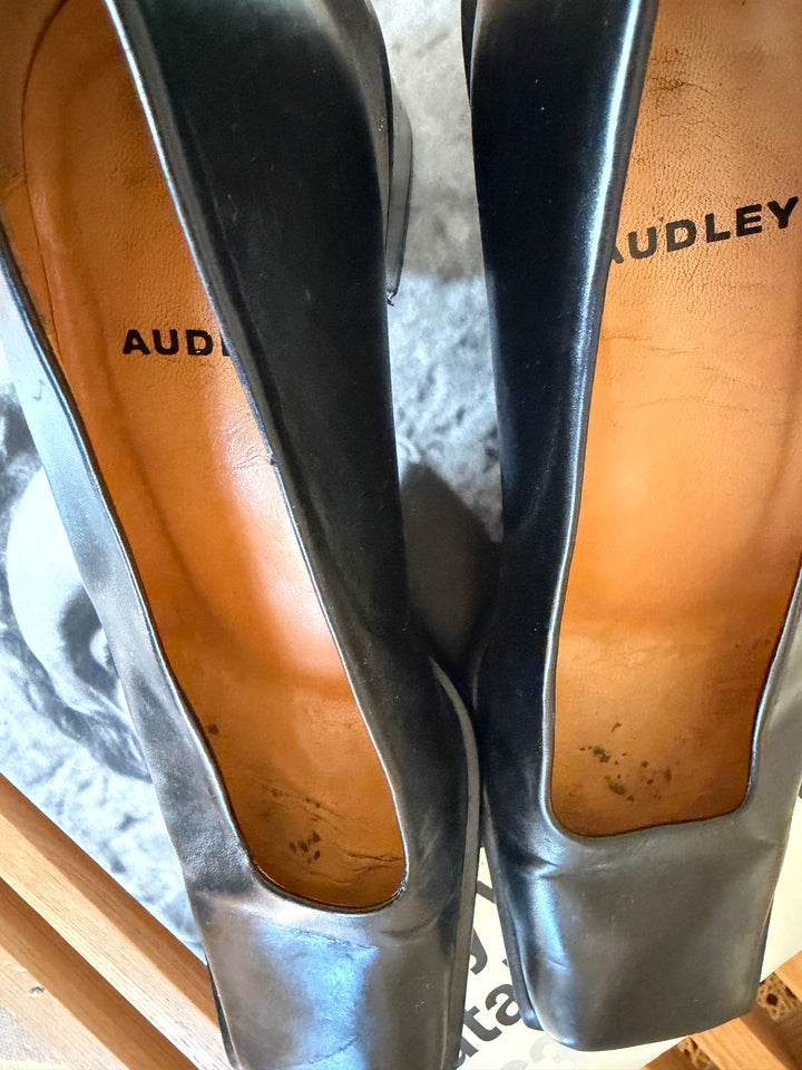 Vintage Audley Black Leather Square Toe Block Heel Pumps Size 38