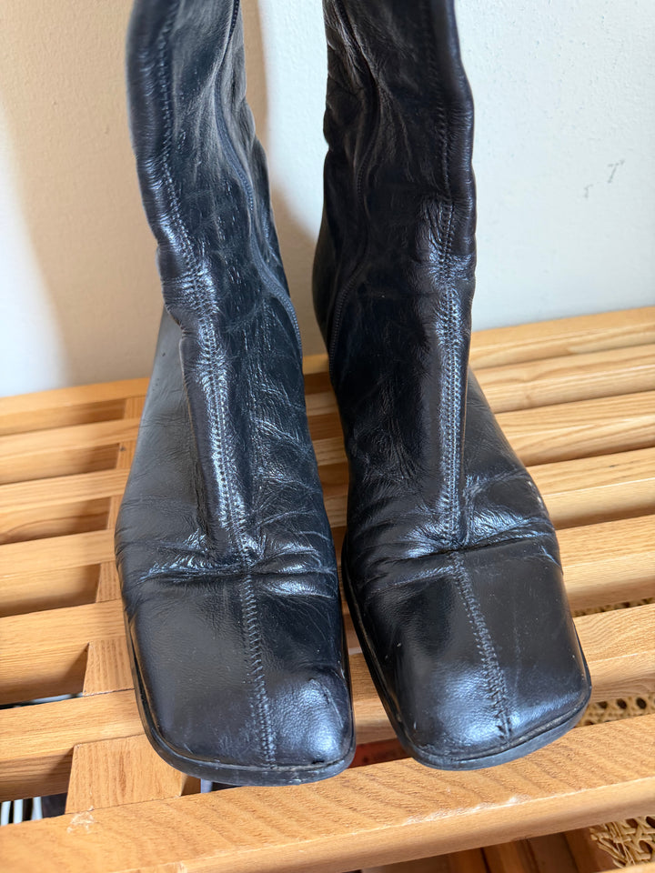 Vintage Miu Miu Black Leather Square Toe Knee High Boots 37.5 Y2K