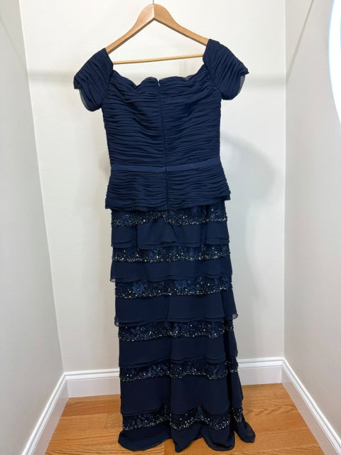 Daymor Couture Formal Gown Navy Ruched Bodice &amp; Beaded Tiered Skirt Sz8 Retail $2000+