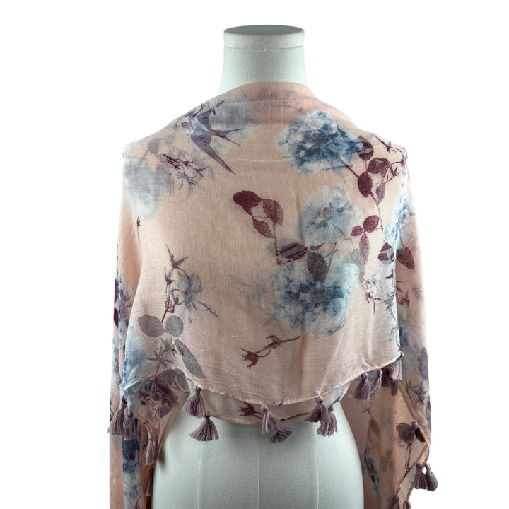 Hinge Floral Tassel Scarf Shawl Wrap Lightweight Pink & Blue Elegant Womens Accessory Multi-Way Wearable Charming Design Soft Fabric