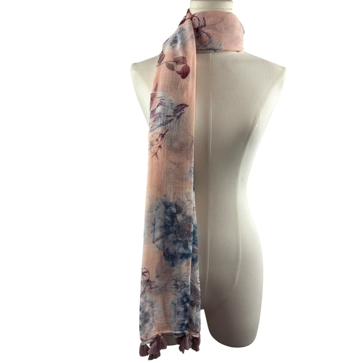 Hinge Floral Tassel Scarf Shawl Wrap Lightweight Pink & Blue Elegant Womens Accessory Multi-Way Wearable Charming Design Soft Fabric