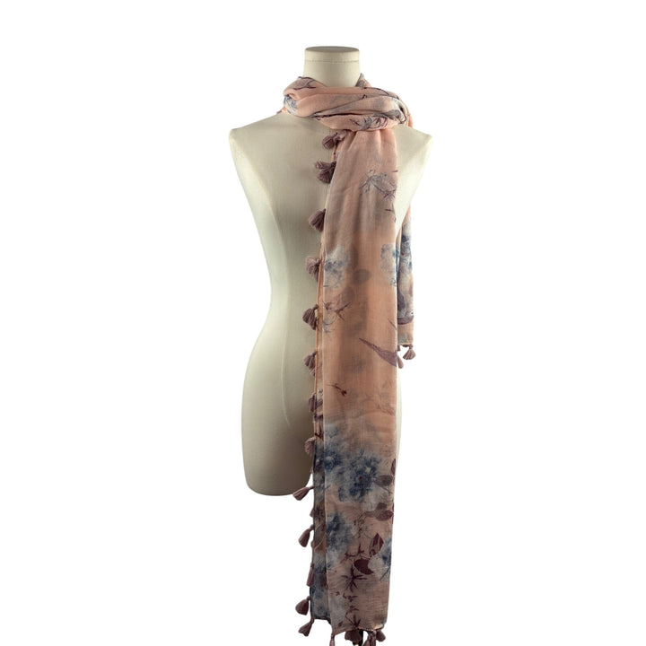 Hinge Floral Tassel Scarf Shawl Wrap Lightweight Pink & Blue Elegant Womens Accessory Multi-Way Wearable Charming Design Soft Fabric