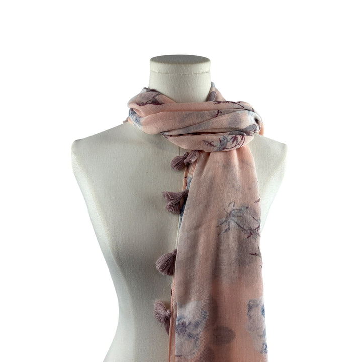 Hinge Floral Tassel Scarf Shawl Wrap Lightweight Pink & Blue Elegant Womens Accessory Multi-Way Wearable Charming Design Soft Fabric