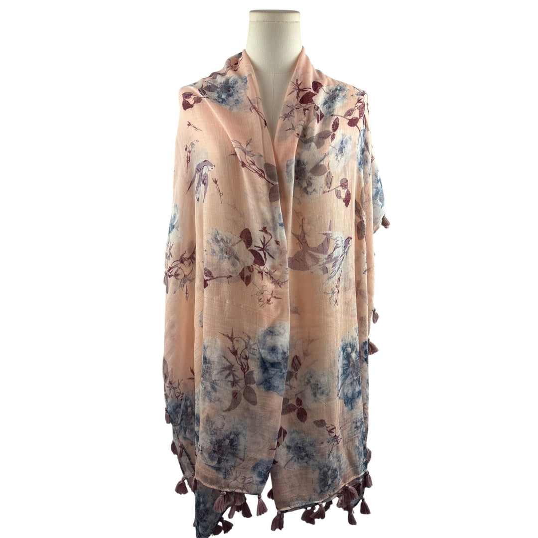 Hinge Floral Tassel Scarf Shawl Wrap Lightweight Pink & Blue Elegant Womens Accessory Multi-Way Wearable Charming Design Soft Fabric