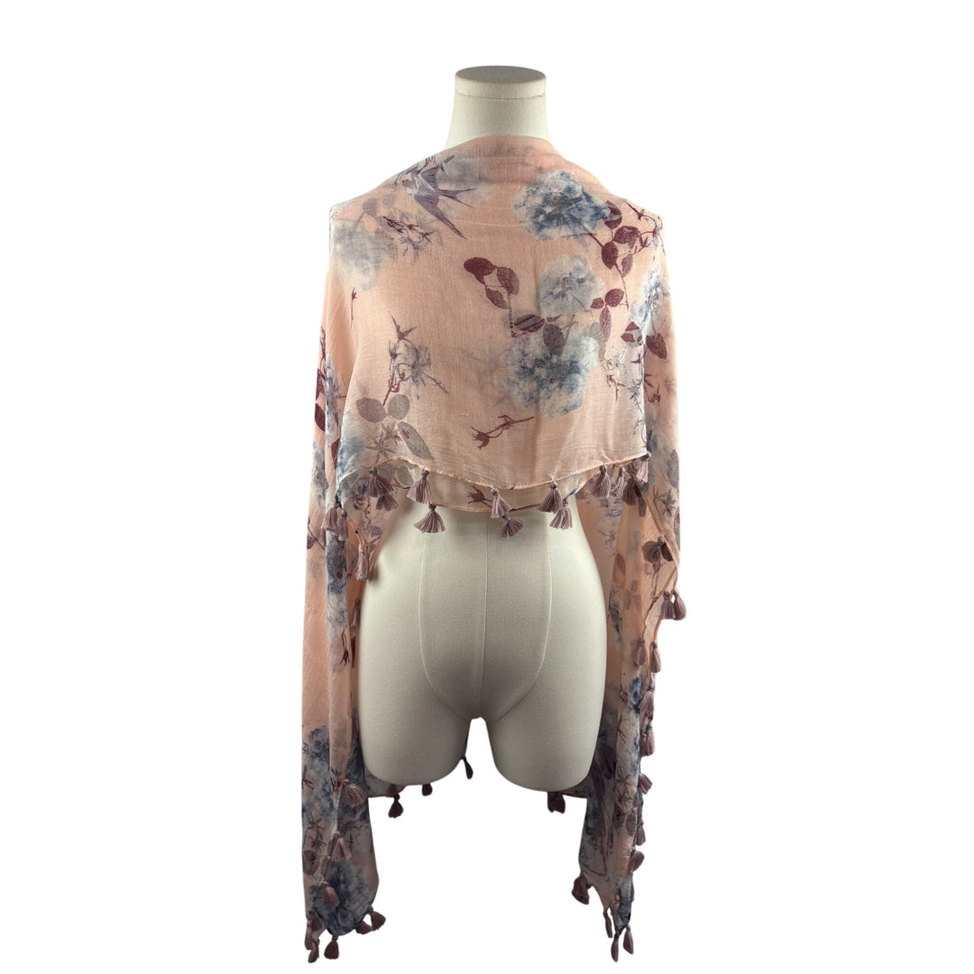 Hinge Floral Tassel Scarf Shawl Wrap Lightweight Pink & Blue Elegant Womens Accessory Multi-Way Wearable Charming Design Soft Fabric