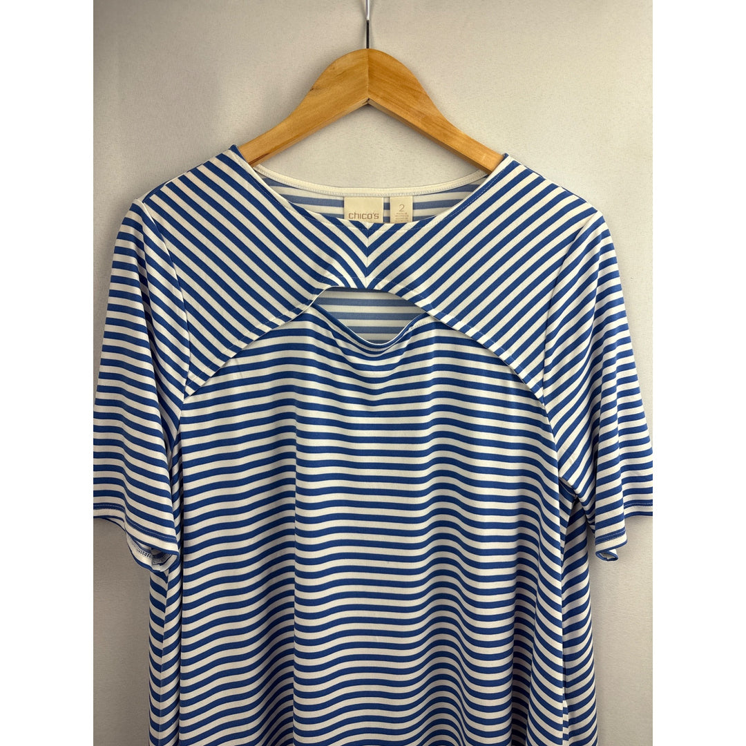 Chicos Womens Stripe Top Blue & White Keyhole Neck Size 2