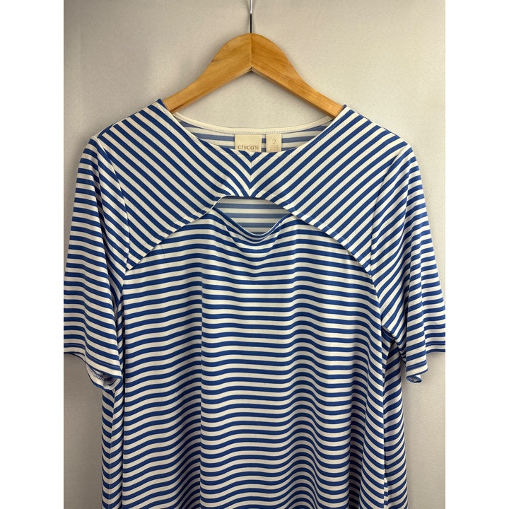 Chicos Womens Stripe Top Blue & White Keyhole Neck Size 2