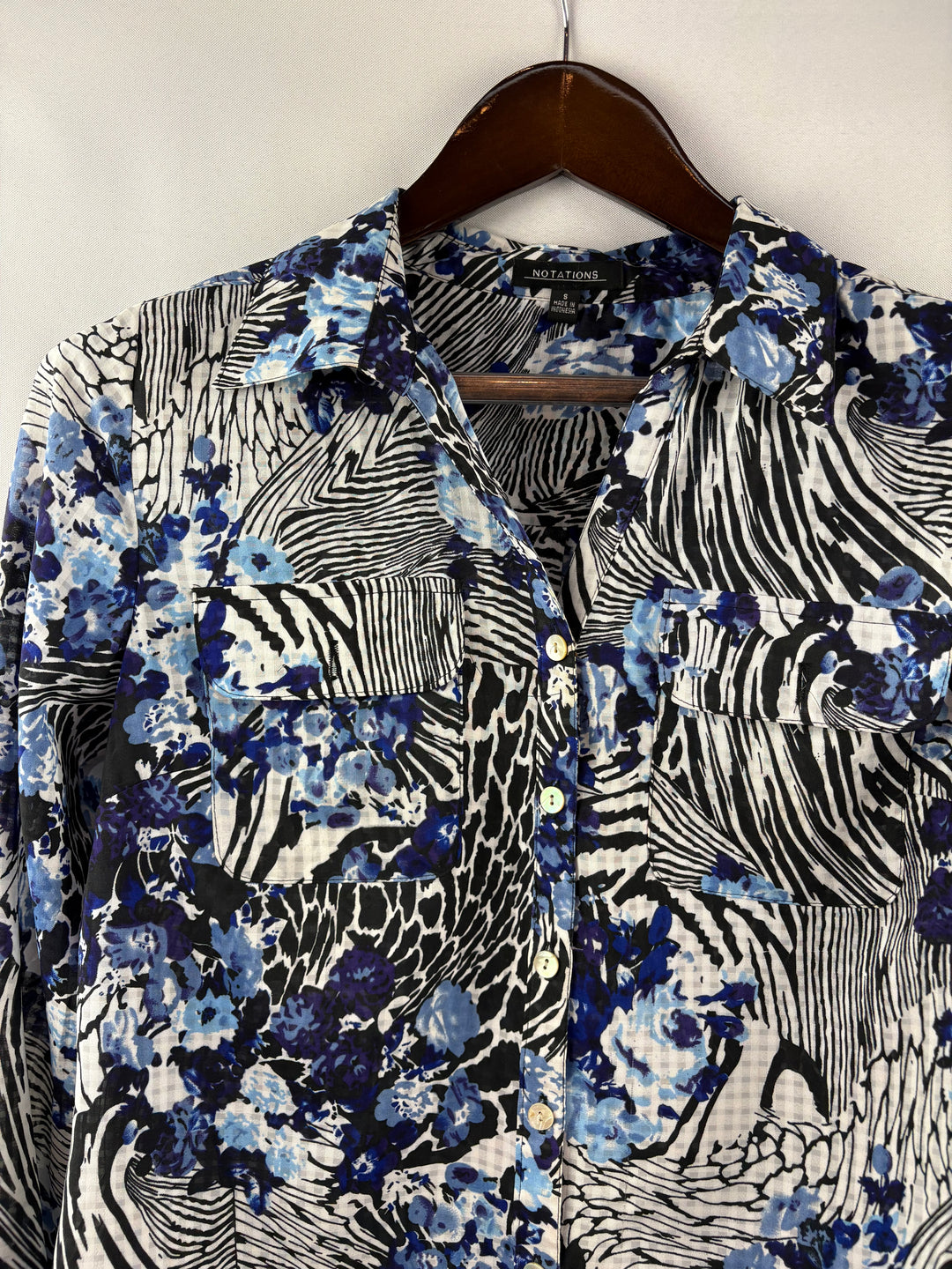 Women’s Notations Small Blue, Black, & White Patterned Blouse