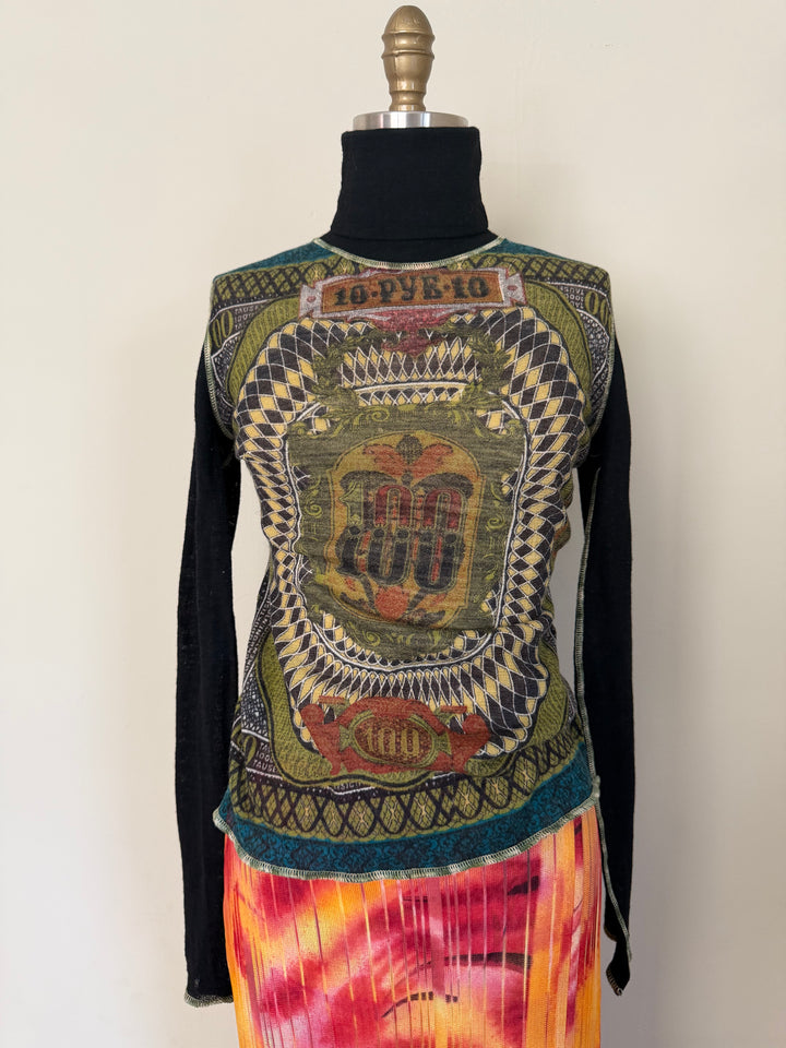 Jean Paul Gaultier Maille Classique Banknote Print 100% Wool Graphic Turtleneck Sweater S