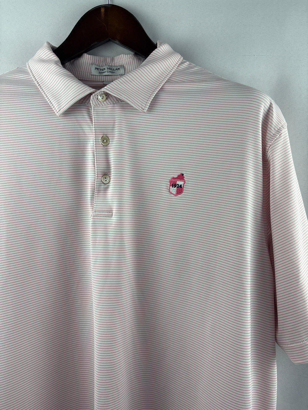 Men’s Peter Millar XL White Golf Polo w/ Pink Pinstripes