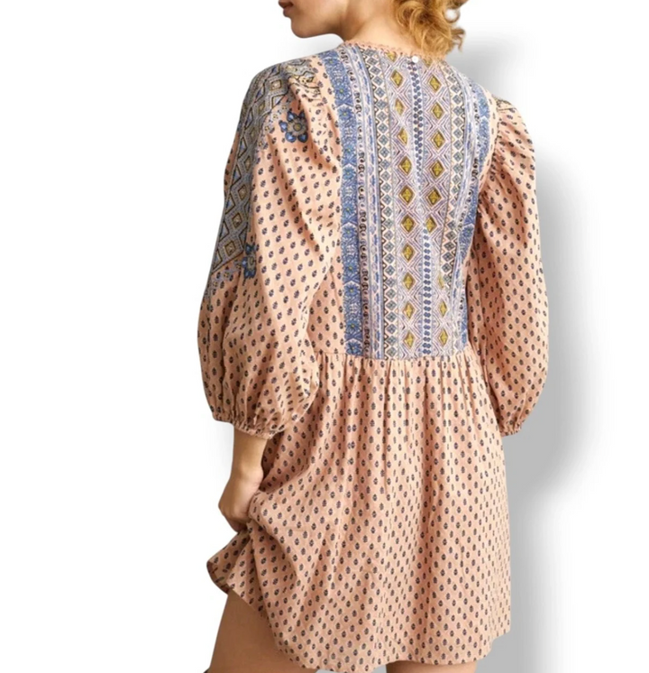 Anthropologie Embroidered Tunic Mini Dress Boho Balloon Sleeve Peach Medium