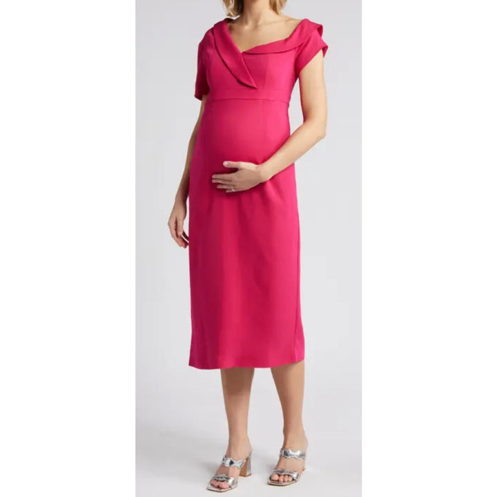 Pink Maternity Dress With Asymmetric Neckline & Short Sleeves