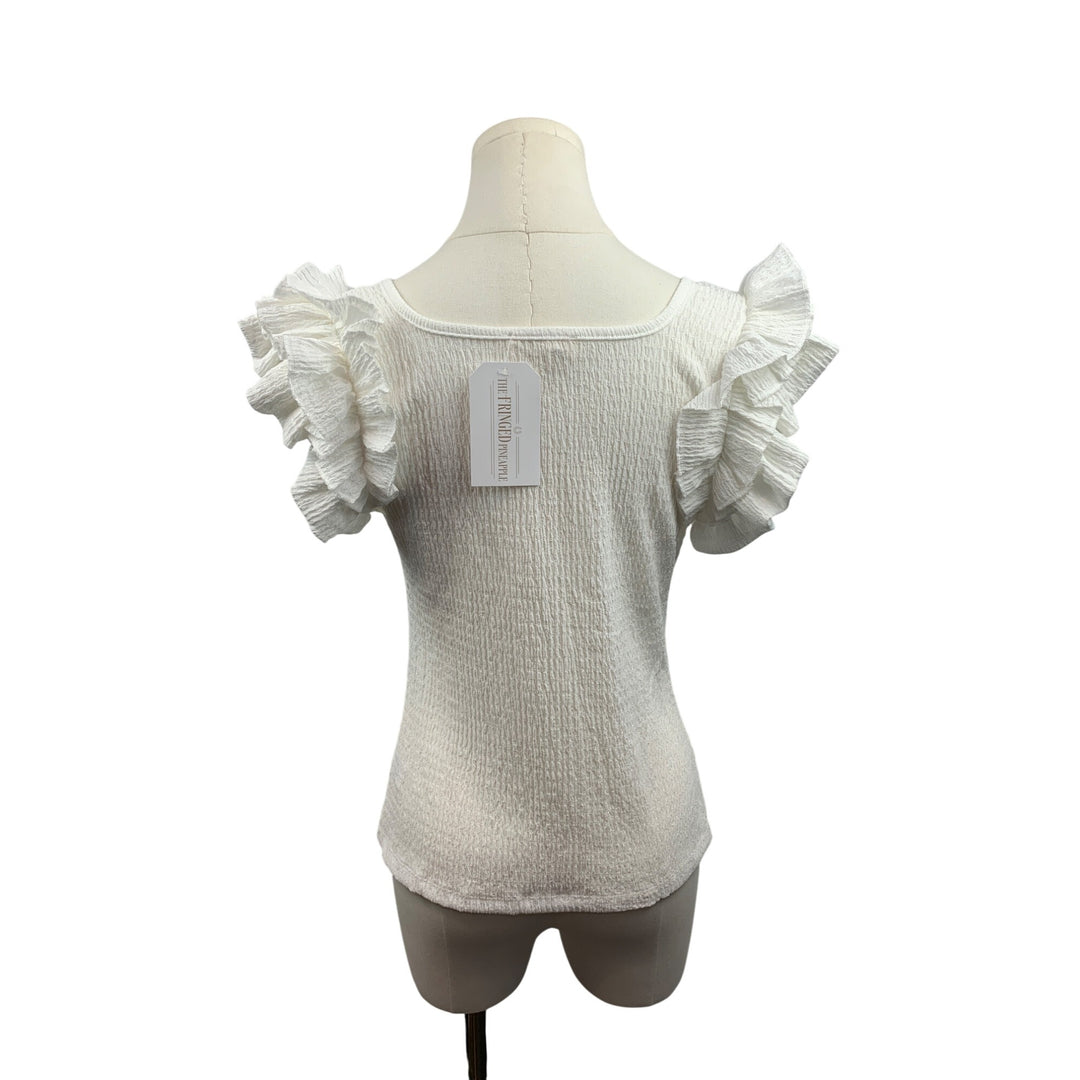 Womens White Ruffle Sleeve Smocked Top S