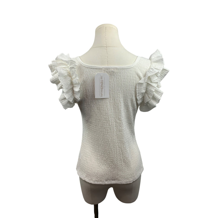 Womens White Ruffle Sleeve Smocked Top S