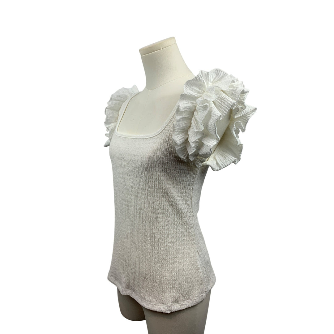 Womens White Ruffle Sleeve Smocked Top S