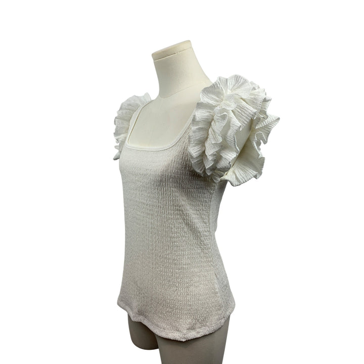 Womens White Ruffle Sleeve Smocked Top S