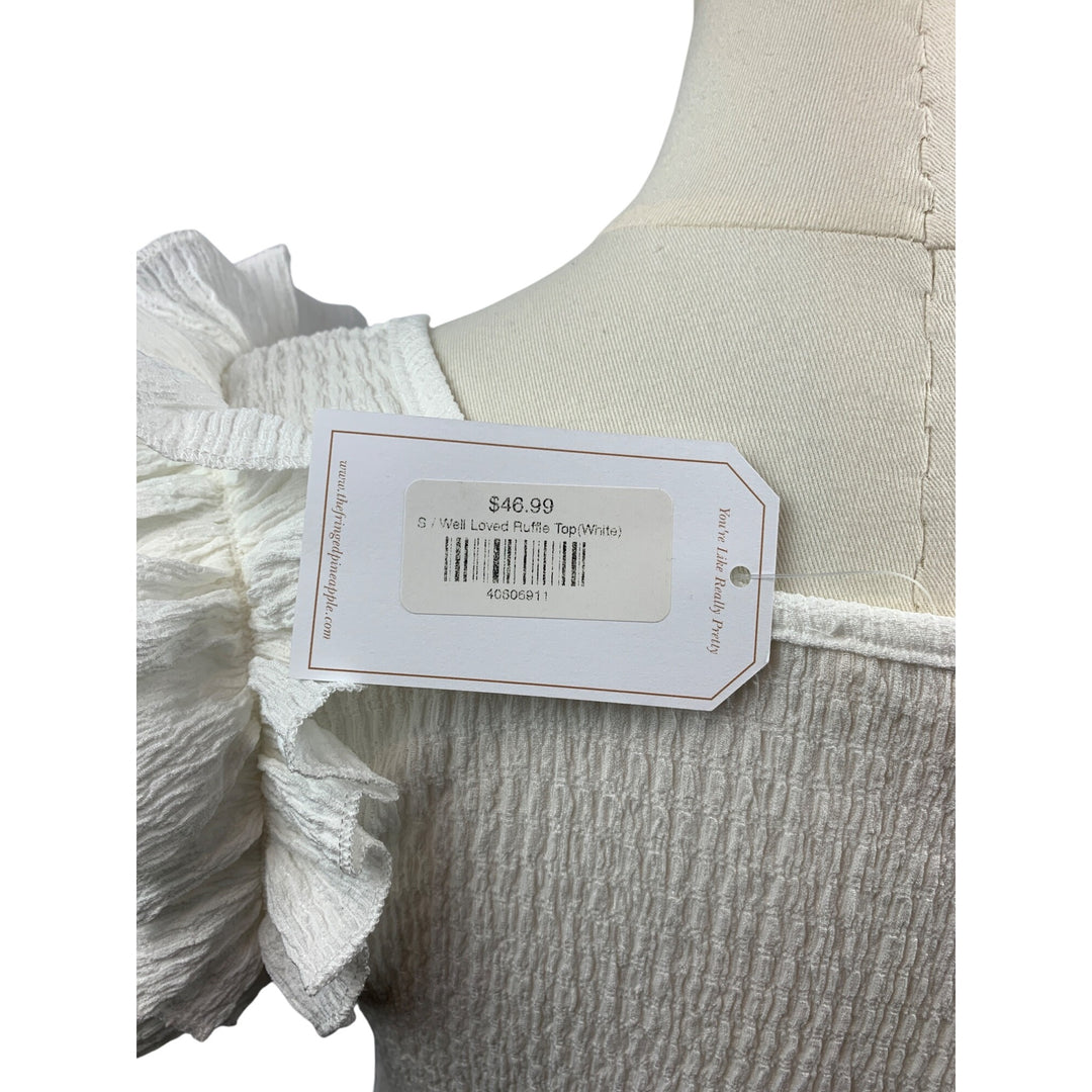 Womens White Ruffle Sleeve Smocked Top S