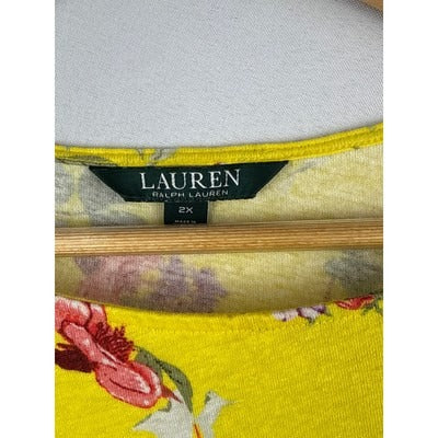 Lauren Ralph Lauren 2X Womens Yellow Floral Half Sleeve Crew Neck T-Shirt Linen Blend Relaxed Fit