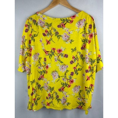 Lauren Ralph Lauren 2X Womens Yellow Floral Half Sleeve Crew Neck T-Shirt Linen Blend Relaxed Fit