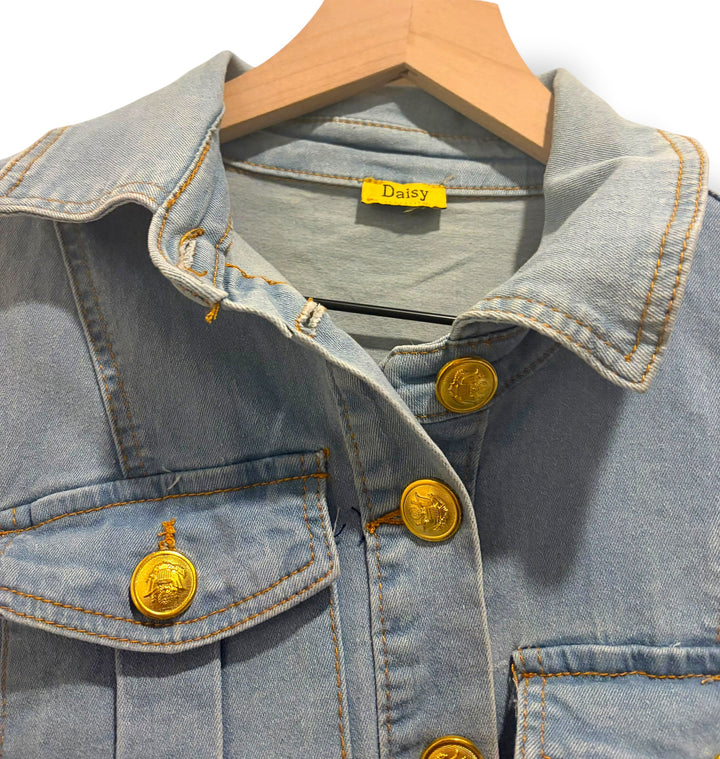 Daisy Denim Utility Midi Dress Gold Buttons Frayed Hem Stretchy Size Medium