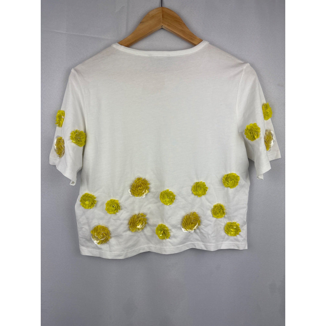 J.Crew Womens XS White Cotton Tee With Yellow Floral Embellishments