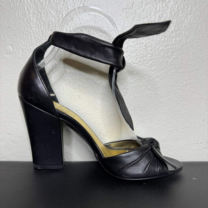 Coach Black Leather Peep-Toe Heels, Ankle Tie, 3.5" Block Heel, Size 6B