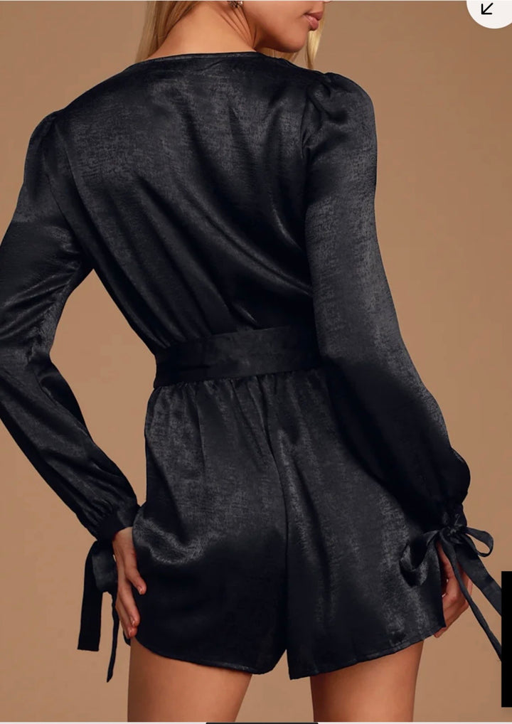 Lulus Moments of Love Black Satin Romper SzXL/14 NWT