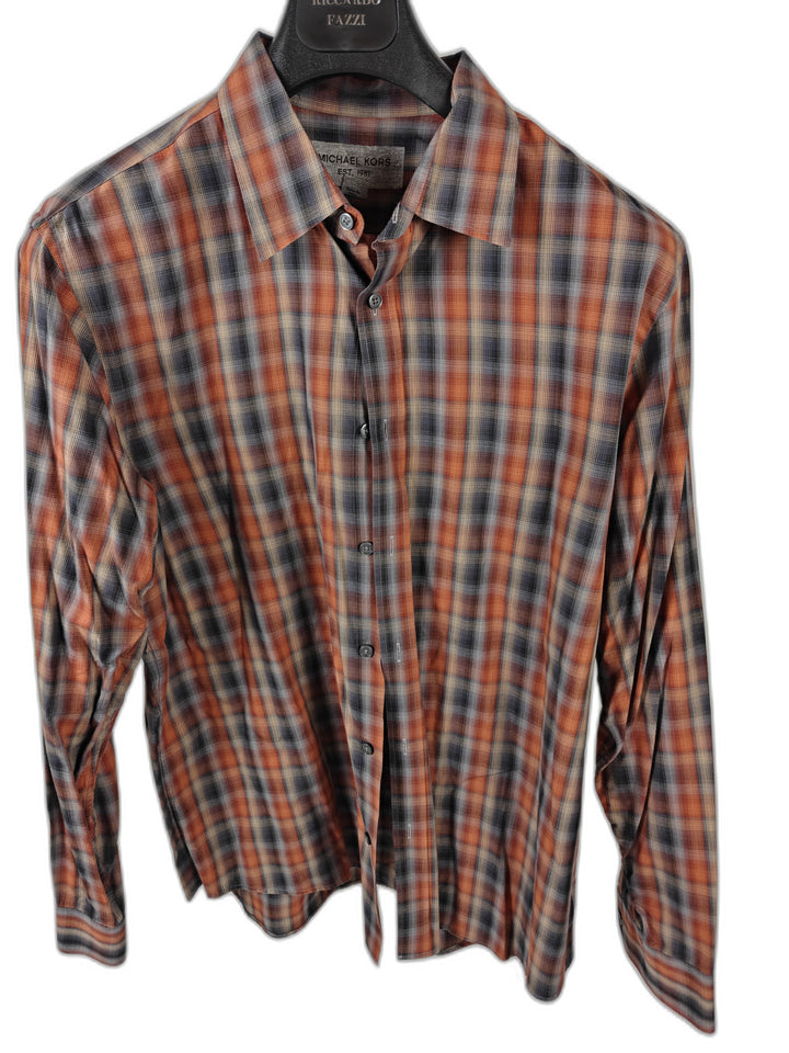 Men’s Michael Kors Plaid Button-Up Shirt Orange Gray XL
