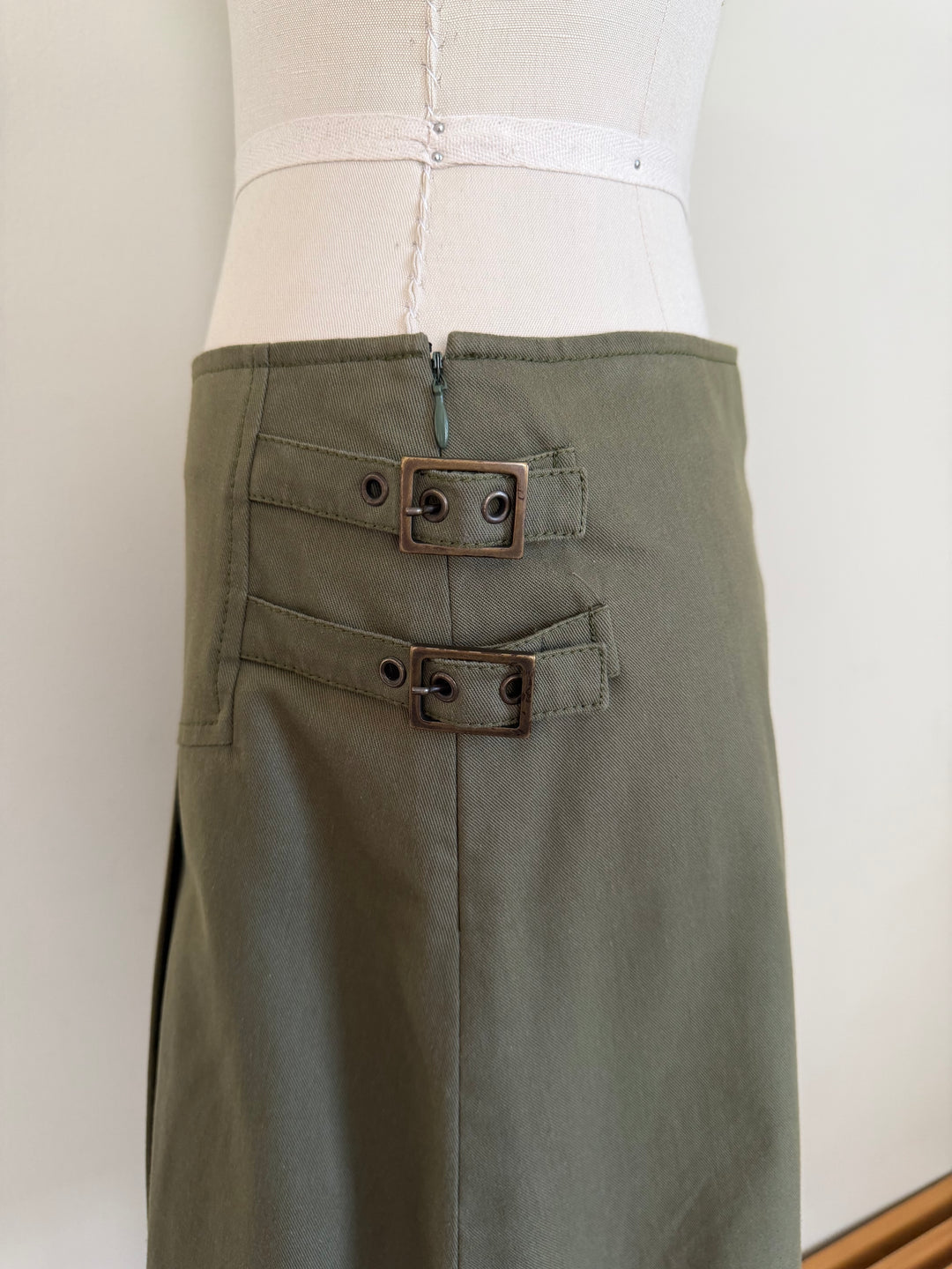 Christian Dior by John Galliano Olive Cotton Pleated Buckle Skirt FR38
